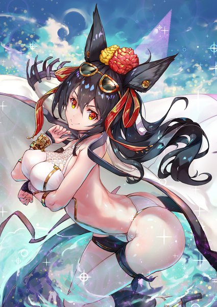 Anime picture 708x1000 with granblue fantasy ilsa (granblue fantasy) kawahara ryuuta single long hair tall image looking at viewer fringe breasts light erotic black hair hair between eyes red eyes large breasts animal ears ass from above sparkle partially submerged arched back