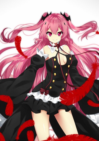Anime picture 1200x1700 with owari no seraph wit studio kururu tepes miyakura shiiha single tall image looking at viewer fringe breasts simple background smile standing white background pink hair pink eyes wide sleeves two side up girl dress bow