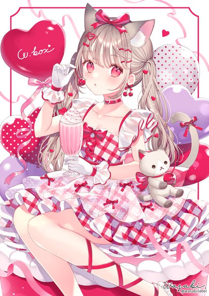 Anime picture 1500x2121 with original wasabi (sekai) single long hair tall image looking at viewer blush fringe red eyes brown hair twintails signed animal ears bent knee (knees) tail blunt bangs animal tail cat ears inscription cat girl