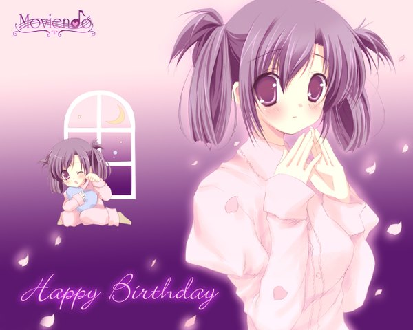 Anime picture 1250x1000 with erica maihara kanade miyasaka miyu single long hair looking at viewer blush fringe hair between eyes purple eyes purple hair one eye closed copyright name gradient background happy birthday purple background hair rings girl petals window