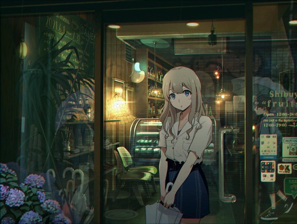 Anime picture 1066x803 with original 5114ave long hair looking at viewer fringe open mouth blue eyes blonde hair standing holding outdoors blunt bangs :o short sleeves text reflection solo focus english anaglyph surprised
