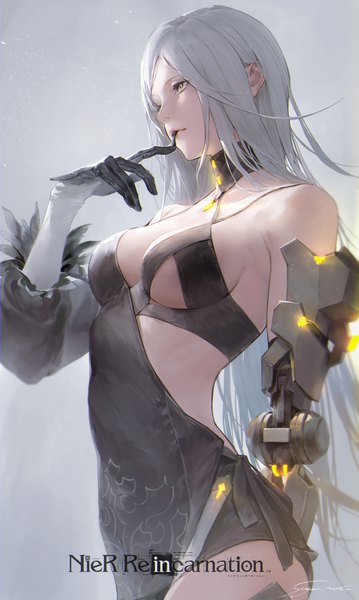 Anime picture 3273x5467 with nier nier:automata nier reincarnation yorha type a no. 2 shogo (shogo) single long hair tall image fringe highres breasts light erotic simple background large breasts standing bare shoulders signed looking away absurdres silver hair