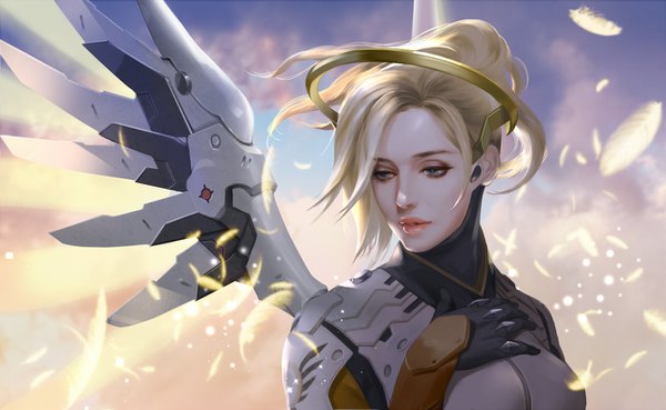 Anime picture 1298x800 with overwatch blizzard entertainment mercy (overwatch) hage2013 single short hair blue eyes blonde hair wide image sky cloud (clouds) upper body ponytail realistic lipstick turning head hand on chest looking down eyeshadow glow