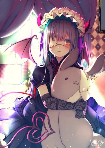 Anime picture 1417x2000 with original chita (ketchup) single long hair tall image looking at viewer blush fringe open mouth black hair hair between eyes red eyes sitting holding signed indoors tail horn (horns) short sleeves puffy sleeves