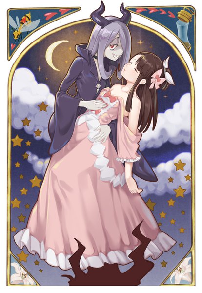 Anime picture 868x1258 with little witch academia studio trigger kagari atsuko sucy manbavaran fukuroumori tall image fringe smile red eyes brown hair standing bare shoulders multiple girls purple hair cloud (clouds) eyes closed horn (horns) hair over one eye off shoulder night