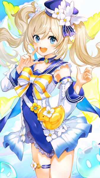 Anime picture 1126x2000 with genshin impact barbara (genshin impact) slime (genshin impact) barbara (summertime sparkle) (genshin impact) ta-to (sprout) single long hair tall image blush open mouth blue eyes blonde hair twintails :d official alternate costume covered navel sailor collar girl swimsuit hat