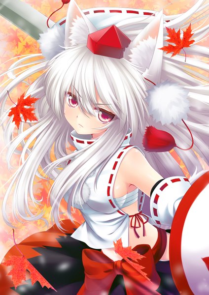 Anime picture 2480x3507 with touhou inubashiri momiji langlong single long hair tall image highres red eyes animal ears white hair girl bow weapon hat detached sleeves sword leaf (leaves)