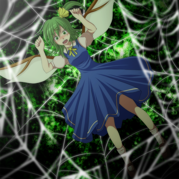 Anime picture 1500x1500 with touhou daiyousei s-syogo blush short hair open mouth green eyes green hair one side up girl dress wings spider web