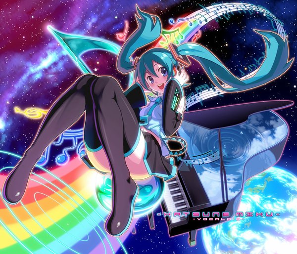 Anime picture 1167x1000 with vocaloid hatsune miku pairan single long hair blush open mouth blue eyes light erotic smile twintails :d pleated skirt aqua hair inscription character names space ripples hand on headphones girl