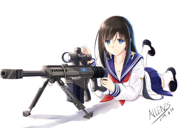 Anime picture 5846x4133 with original allenes single long hair looking at viewer highres blue eyes black hair smile white background absurdres girl thighhighs uniform weapon white thighhighs serafuku gun