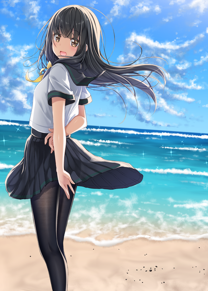 Anime picture 1300x1818 with original ashihara nayumi gurande (g-size) single long hair tall image looking at viewer blush fringe breasts open mouth black hair hair between eyes standing brown eyes sky cloud (clouds) outdoors :d pleated skirt