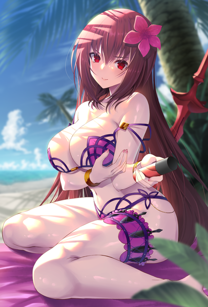 Anime picture 1217x1800 with fate (series) fate/grand order scathach (fate) (all) scathach (swimsuit assassin) (fate) emanon123 single long hair tall image blush fringe breasts light erotic hair between eyes red eyes large breasts sitting sky cloud (clouds) bent knee (knees) outdoors