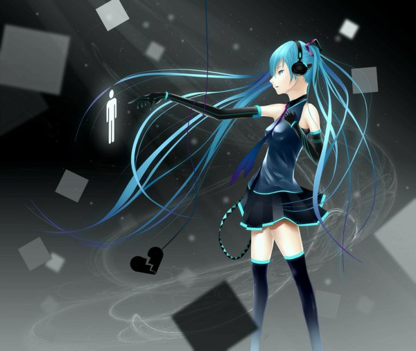 Anime picture 2000x1691 with vocaloid hatsune miku oki (koi0koi) single highres twintails bare shoulders very long hair profile aqua eyes aqua hair zettai ryouiki girl thighhighs skirt gloves black thighhighs necktie elbow gloves headphones