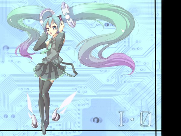 Anime picture 1280x960 with vocaloid hatsune miku uruu gekka single long hair open mouth twintails very long hair arms up gradient hair girl thighhighs skirt detached sleeves necktie headset