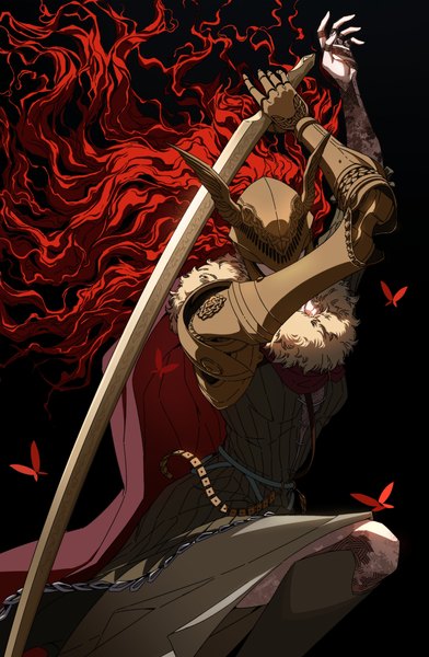 Anime picture 2130x3261 with elden ring malenia blade of miquella s jiaogu single long hair tall image highres simple background standing holding red hair arms up floating hair black background standing on one leg fighting stance girl weapon insect butterfly