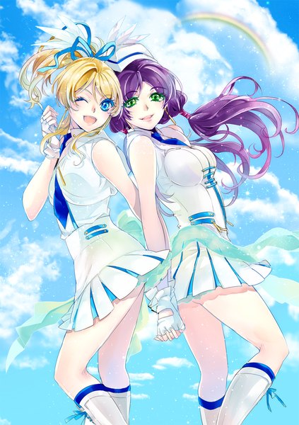 Anime picture 1000x1419 with love live! school idol project sunrise (studio) love live! toujou nozomi ayase eli tsuna2727 long hair tall image looking at viewer open mouth blue eyes blonde hair twintails multiple girls green eyes sky purple hair cloud (clouds) ponytail pleated skirt