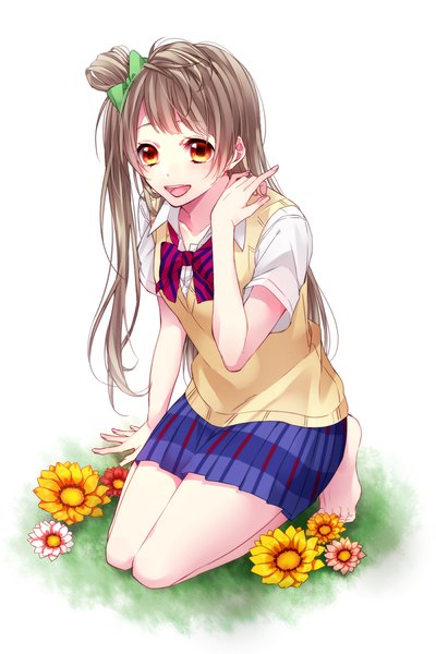 Anime picture 800x1200 with love live! school idol project sunrise (studio) love live! minami kotori hanasato (okashino) single long hair tall image open mouth simple background brown hair white background looking away full body :d barefoot arm up orange eyes one side up girl