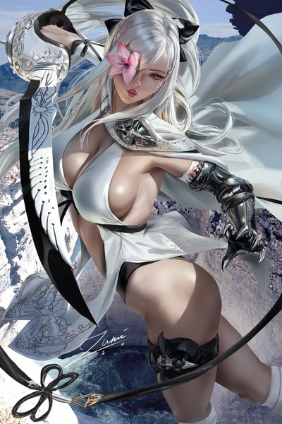 Anime-Bild 2339x3508 mit drakengard zero (drag-on dragoon) zumi (zumidraws) single long hair tall image looking at viewer fringe highres breasts light erotic red eyes large breasts standing holding signed sky cleavage silver hair outdoors