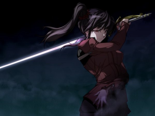 Anime picture 1024x768 with alter ego sumeragi shion (alter ego) kuroishi ringo single long hair black hair red eyes twintails game cg girl weapon sword