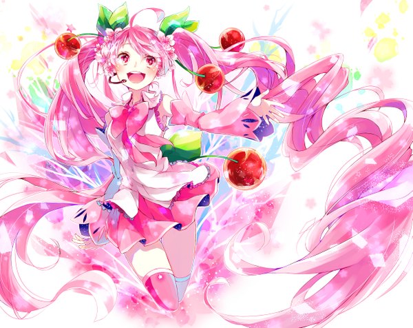 Anime picture 2418x1919 with vocaloid hatsune miku sakura miku hoshino kisora single long hair highres open mouth smile twintails pink hair pink eyes hair flower teeth girl thighhighs skirt hair ornament flower (flowers) detached sleeves