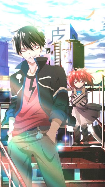 Anime picture 720x1280 with blood lad brains base (studio) charlie blood staz liz (blood lad) tall image looking at viewer short hair black hair smile red eyes twintails sky red hair scan open clothes open jacket teeth short twintails hands in pockets sharp teeth