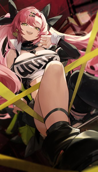 Anime picture 1000x1750 with zenless zone zero nicole demara goomrrat single long hair tall image looking at viewer fringe breasts open mouth light erotic smile large breasts sitting green eyes pink hair bent knee (knees) head tilt :d arm up