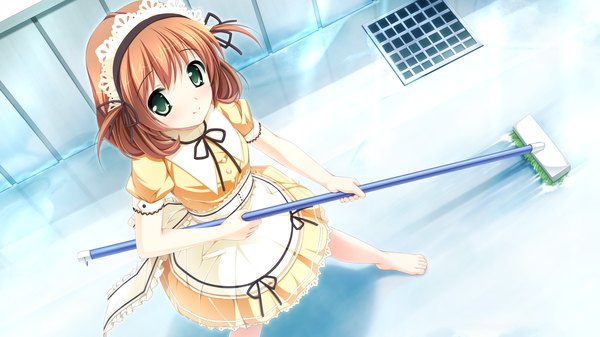 Anime picture 2560x1440 with otome ga tsumugu koi no canvas inui yuki single highres short hair brown hair wide image green eyes game cg barefoot maid girl headdress maid headdress cleaning brush