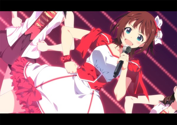 Anime picture 1254x885 with idolmaster amami haruka ooba kagerou looking at viewer blush short hair open mouth blue eyes smile brown hair bare shoulders multiple girls open clothes open shirt hand on hip letterboxed hands on hips singing girl dress