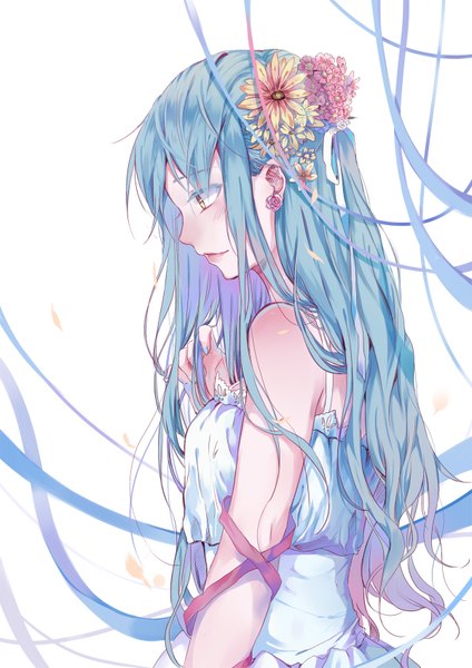 Anime picture 1200x1697 with original yuxia xianyin single long hair tall image blush simple background white background bare shoulders yellow eyes blue hair nail polish profile hair flower looking down girl dress hair ornament flower (flowers) ribbon (ribbons)