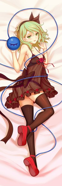 Anime picture 1500x4500 with touhou komeiji koishi sonikey0 0 single tall image looking at viewer blush short hair light erotic green eyes full body green hair dakimakura (medium) girl thighhighs bow black thighhighs hairband nightie eyeball