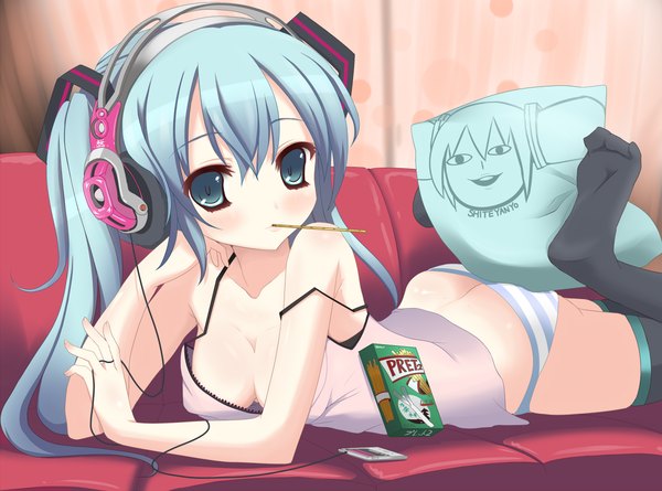 Anime picture 1200x891 with vocaloid hatsune miku kuronekogata long hair breasts light erotic twintails aqua eyes aqua hair girl thighhighs underwear panties black thighhighs sweets headphones pillow couch pocky
