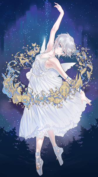 Anime picture 600x1073 with idolmaster idolmaster cinderella girls anastasia (idolmaster) kissai single tall image blush short hair blue eyes looking away silver hair full body night dancing ballerina ballet girl dress plant (plants) wings