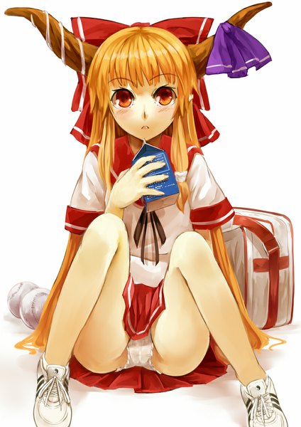 Anime picture 800x1131 with touhou ibuki suika nishiuri (artist) single long hair tall image blush light erotic blonde hair simple background red eyes white background horn (horns) pantyshot alternate costume looking up pantyshot sitting yin yang girl underwear