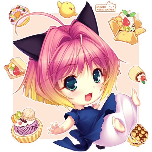 Anime picture 1000x1000 with potemayo j.c. staff potemayo (character) sayori looking at viewer blush short hair open mouth green eyes animal ears pink hair multicolored hair cat ears chibi girl food sweets