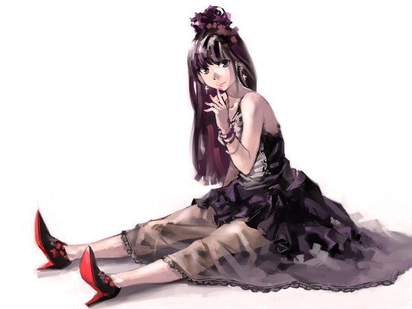 Anime picture 1200x900 with original pomodorosa single long hair smile sitting bare shoulders purple hair nail polish black eyes girl dress earrings bracelet cross