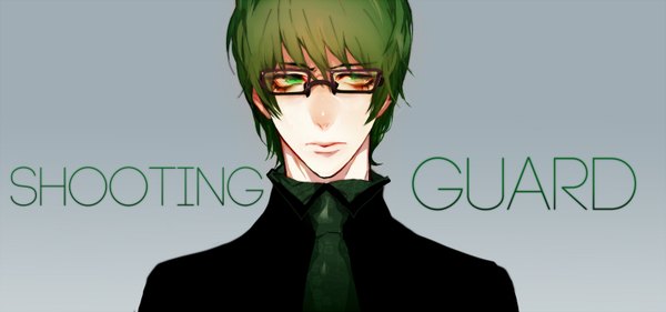 Anime picture 1500x703 with kuroko no basket production i.g midorima shintarou xianrou men single simple background wide image green eyes looking away green hair inscription grey background text english boy glasses necktie