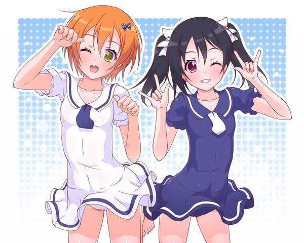 Anime picture 1000x800 with love live! school idol project sunrise (studio) love live! yazawa nico hoshizora rin k10k long hair looking at viewer blush short hair open mouth light erotic black hair smile red eyes twintails multiple girls yellow eyes one eye closed wink