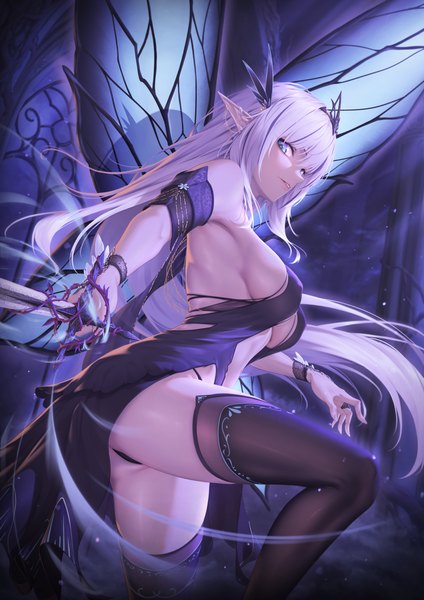 Anime picture 2894x4093 with original nmi single long hair tall image fringe highres breasts blue eyes light erotic hair between eyes large breasts standing holding looking away white hair parted lips pointy ears armpit (armpits) sideboob