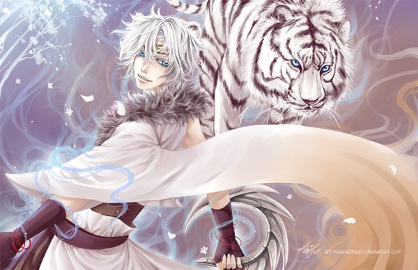 Anime picture 1236x800 with original cindiq looking at viewer short hair blue eyes signed silver hair wallpaper boy weapon animal petals fingerless gloves tiger