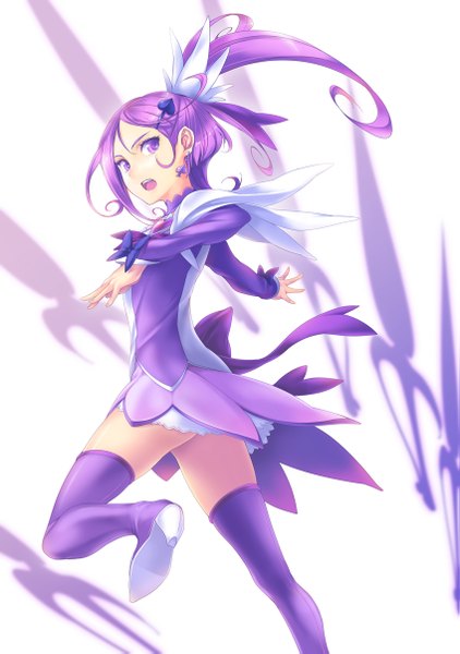 Anime picture 847x1203 with precure dokidoki! precure toei animation kenzaki makoto cure sword nanakusa single long hair tall image looking at viewer open mouth simple background white background purple eyes purple hair girl dress hair ornament thigh boots