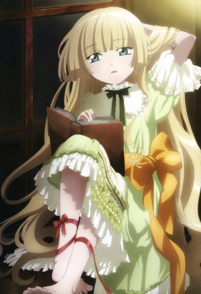 Anime picture 4077x5948 with gosick studio bones megami magazine victorique de blois single long hair tall image highres blonde hair green eyes absurdres barefoot official art loli victorian girl ribbon (ribbons) bow book (books)