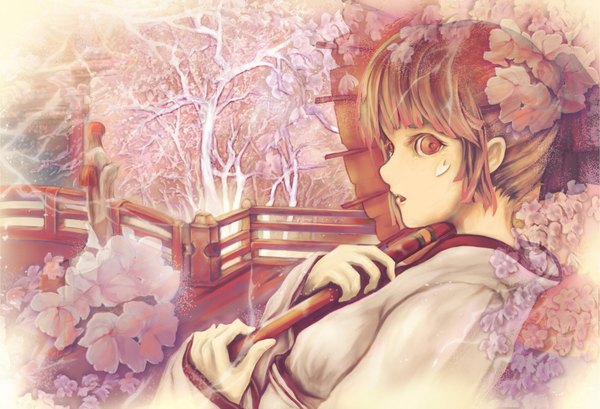 Anime picture 2000x1365 with original kentarou looking at viewer fringe highres red eyes brown hair multiple girls red hair traditional clothes japanese clothes from behind cherry blossoms girl 2 girls plant (plants) petals tree (trees) kimono umbrella