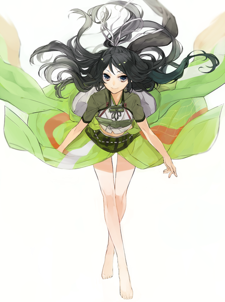 Anime picture 1000x1340 with kantai collection katsuragi aircraft carrier hita (hitapita) single long hair tall image looking at viewer black hair simple background smile white background traditional clothes japanese clothes barefoot from above wind black eyes leaning leaning forward crossed legs