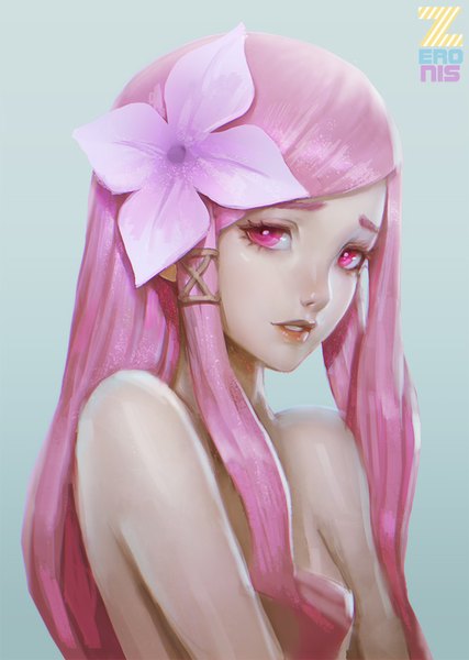 Anime picture 570x800 with me!me!me! hana-chan (me!me!me!) paul (shiramune) single long hair tall image looking at viewer open mouth light erotic bare shoulders pink hair pink eyes hair flower realistic portrait girl hair ornament flower (flowers)