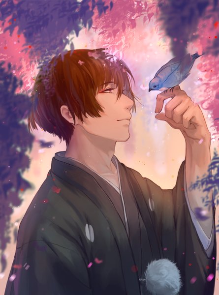 Anime picture 2976x4009 with touken ranbu nitroplus ishikirimaru guan tang baozi single tall image highres short hair smile brown hair purple eyes looking away upper body traditional clothes japanese clothes profile pink eyes arm up light smile bird on hand