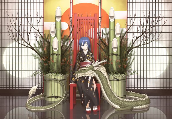 Anime picture 1500x1047 with original sakais3211 looking at viewer fringe smile sitting traditional clothes japanese clothes aqua eyes aqua hair reflection flower (flowers) plant (plants) tree (trees) kimono chair dragon bamboo kadomatsu
