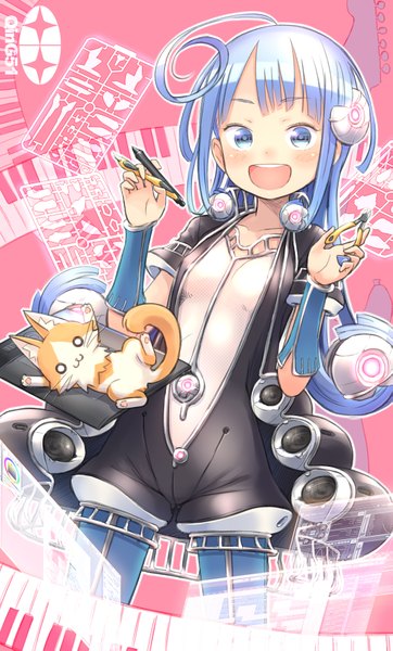 Anime picture 1067x1765 with original kuinji 51go single long hair tall image looking at viewer blush fringe open mouth blue eyes smile standing holding blue hair ahoge teeth pink background girl animal cat