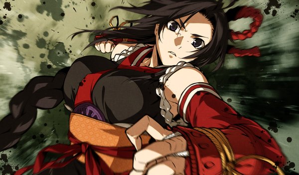 Anime picture 2048x1200 with kajiri kamui kagura g yuusuke long hair highres black hair wide image game cg braid (braids) black eyes girl