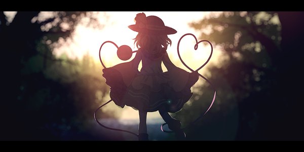 Anime picture 1600x800 with touhou komeiji koishi dise single short hair wide image standing outdoors from behind blurry standing on one leg light letterboxed silhouette heart of string girl skirt bow plant (plants) hat