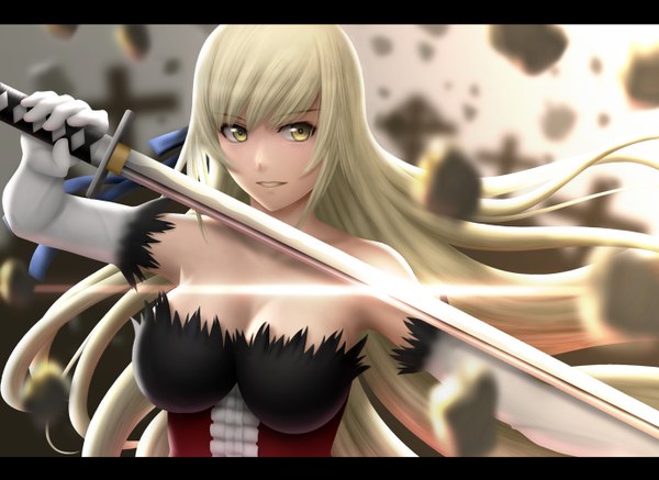 Anime picture 1370x1000 with kizumonogatari shaft (studio) monogatari (series) kissshot acerolaorion heartunderblade siraha single long hair looking at viewer blonde hair bare shoulders yellow eyes letterboxed girl dress gloves weapon sword elbow gloves katana cross